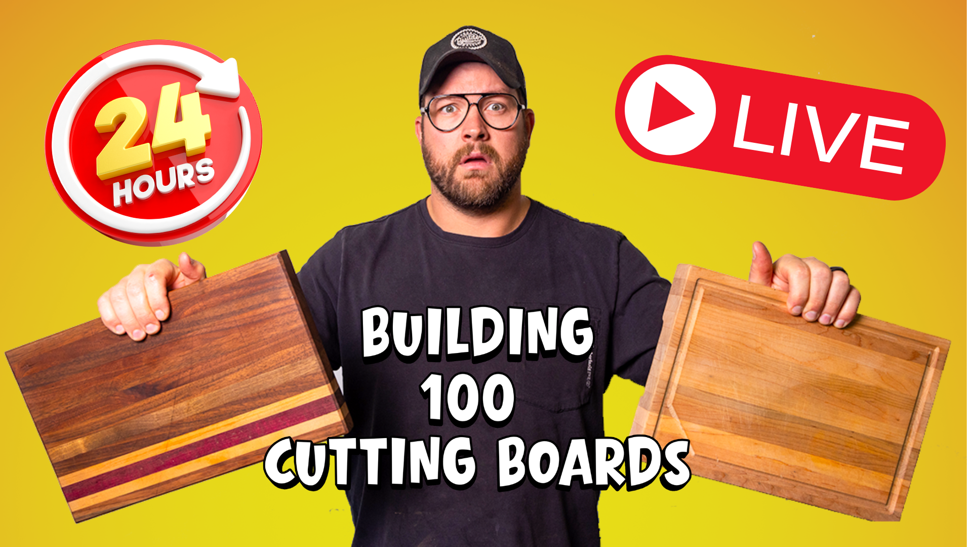 We are attempting to build 100 Cutting Boards in 24 hours in hopes of being able to build enough boards, to sell them for charity. Come Hangout and Join the fun as we embark in a crazy, long, and unknown journey of filming a video, while live-streaming, for a good cause. 