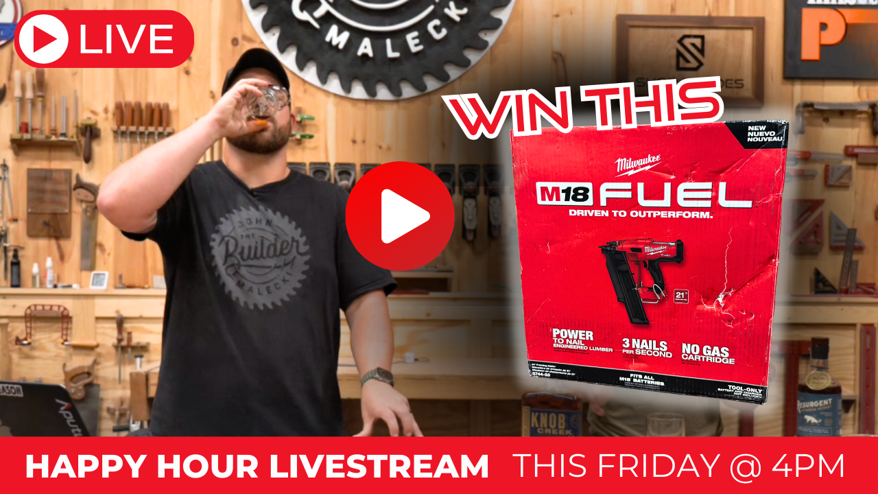 Come Hangout and tune in for happy hour and chat for a chance to win this Milwaukee M18 Fuel Nailer! 