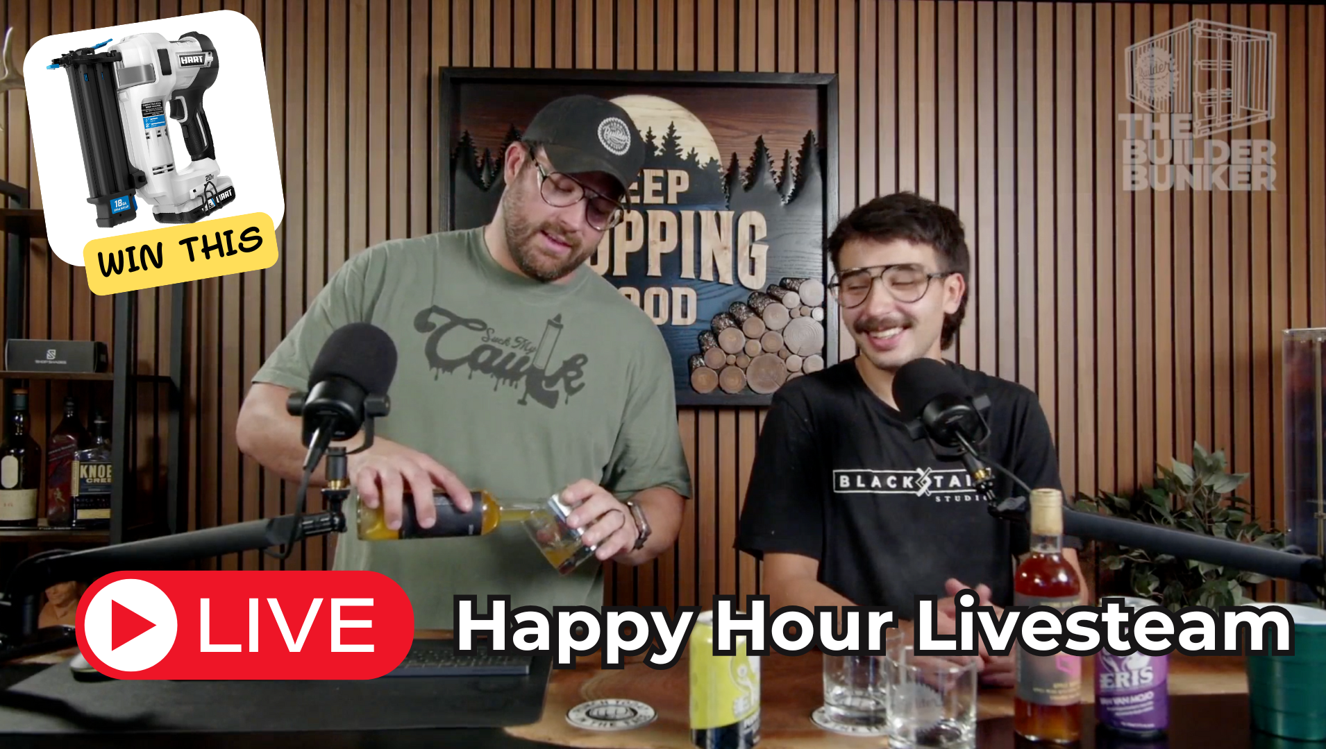 It’s that time again — Happy Hour inside The Builder Bunker!
Join John, Sam, Joe, and Dan live today at 4PM Eastern Time as they kick back, crack open a few drinks, and share unfiltered thoughts, laughs, and behind-the-scenes stories from the shop.

But that’s not all…
We’re giving away a HART 18-Gauge 2” Brad Nailer — complete with a 1.5Ah battery and charger — and all you have to do to win is hang out and be active in the live chat. Ask questions, drop comments, or just keep the conversation going — we’ll be picking a winner right from the chat during the stream!

💥 When: Today @ 4PM Eastern Time
🎁 Prize: HART 18-Gauge Brad Nailer + Battery + Charger
🗣️ How to Enter: Just show up, hang out, and chat live!

This one’s always a blast — good tools, good drinks, and even better stories.
Don’t miss out — set a reminder, grab your favorite drink, and get in The Bunker at 4PM ET!