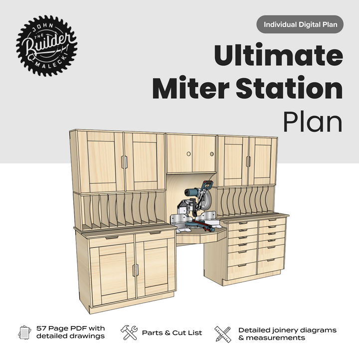 This is the last Miter saw Station you will ever need! The complete plan includes 57 pages of detailed drawings, cut lists, cut diagrams, and measurements to build the entire station, or just the parts that you want. This plan specifically shows you how to build the following.
Final Measurements: 8' wide x 24' deep x 7' tall&nbsp;
This is the largest plan I have ever built. Check out the pics for some client inspo!
You will also be subscribed to my email list and get updates on new projects and content from Johnmalecki.com! No worries, it’s not spammy and you can unsubscribe at any time!