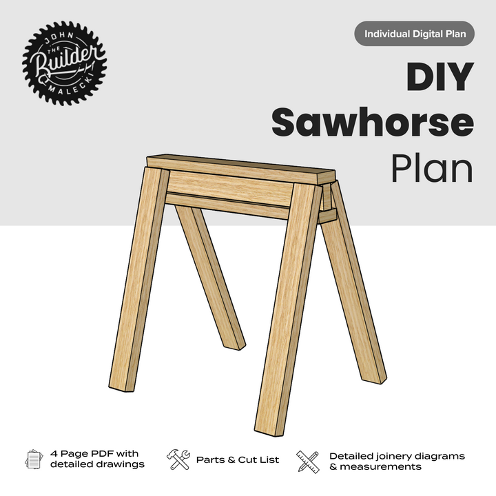 This&nbsp;very basic DIY Sawhorse Plan is something you can always come back to. Made from a few 10' 2 x 4's, you can throw these together in a pinch. Whether you're on a job site, or&nbsp;want to use up some left over framing materials! The best part is they stack for storage!&nbsp;
The digital plans include&nbsp;
- 4 Page PDF with detailed drawings&nbsp;
- Parts &amp; Cut List&nbsp;
- Detailed joinery diagrams &amp; measurements&nbsp;
(Measurements are Imperial NOT Metric)&nbsp;
&nbsp;
You will also be subscribed to my email list and get updates on new projects and content from Johnmalecki.com! No worries, it’s not spammy and you can unsubscribe at any time!