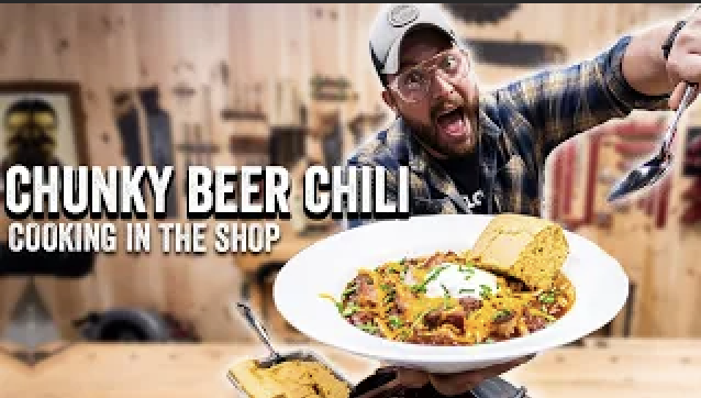 Here is a killer recipe for a chunky beer chili! 

Recipe 
Ingredients 
 -Tri-tip steak Seasoning 
 - Kosmos SPG Rub - https://geni.us/fbgy (Amazon) 
        - Kosmos Cow Cover - https://geni.us/WxeA (Amazon) 

Chili Sauce 
 - 1/3c: Chili Powder 
 - 2 tsp. : Paprika 
 - 2 tsp. : Oregano
 -  2 tsp.: Kosher Salt 
        - 1/2 tsp Cumin 
 - (2) 12oz.Canned Crushed Tomato Drained 
 - 12oz, Can Kidney Bean Drained 
        -  6oz. Can Peppers in adobo 
 - 6oz. Dark Beer 

Vegetables 
 - (1) Onion (Fresh) 
 - (6) Cloves Garlic ( Fres) Minced
        - Peppers ( Personal preference) 

Garnish 
 - Sour Cream 
 - Chives 
 - Cheddar 
